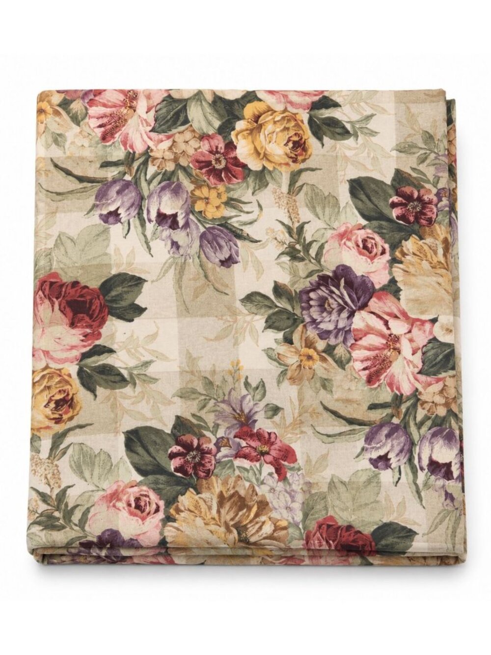 Vintage John Wolf Floral Fabric, Cottage Roses on Cream Tan Plaid, 3½ Yards x 10